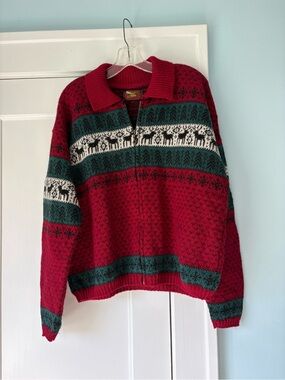 Vtg 90s ALPS Fine Womens Apparel Moose Fair Isle Nordic Full Zip Sweater Jacket
